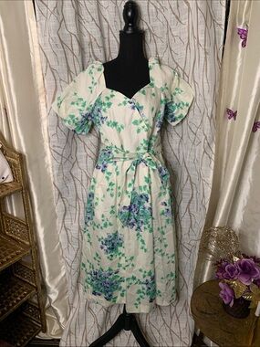 Talbots Cream Midi Dress with Green and Purple Floral Print